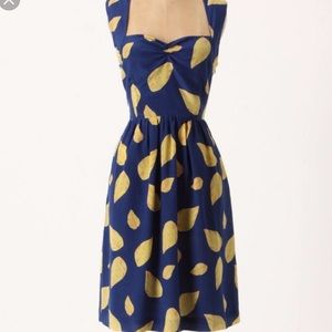 Anthropologie Silk Blue and Yellow Leaf A-Line